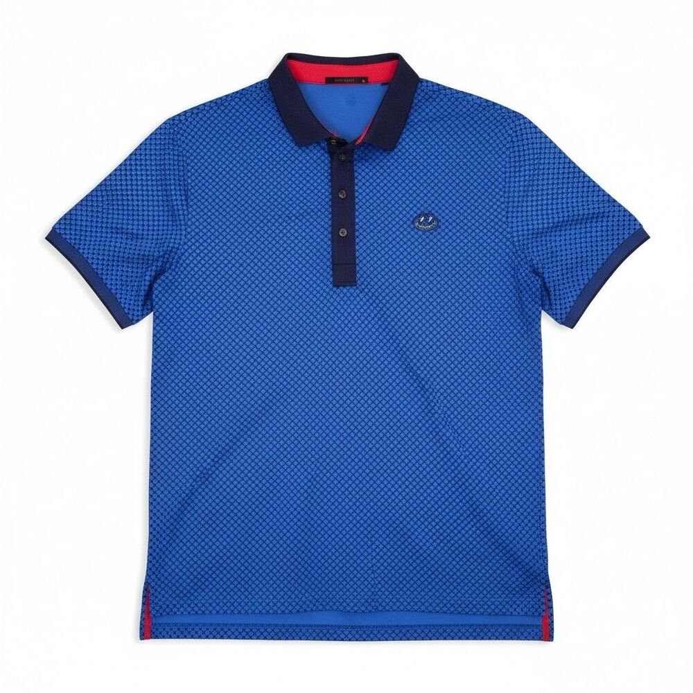 Greyson Polo Golf Shirt Men L Red Blue Geometric Print Stretch Short Sleeve